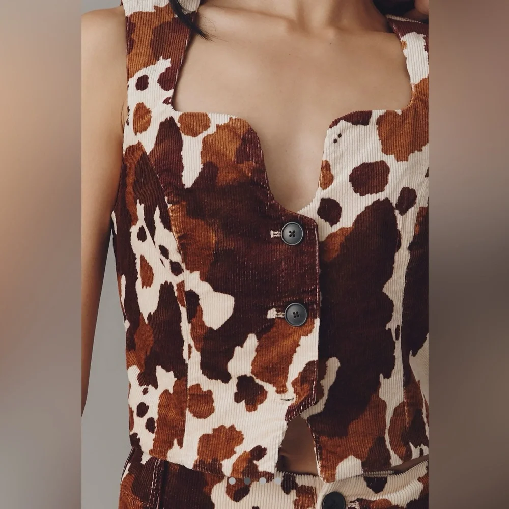 NWT Maeve Anthropologie Cowprint Button Front Brown Cream Corduroy Vest XL - Picture 2 of 11